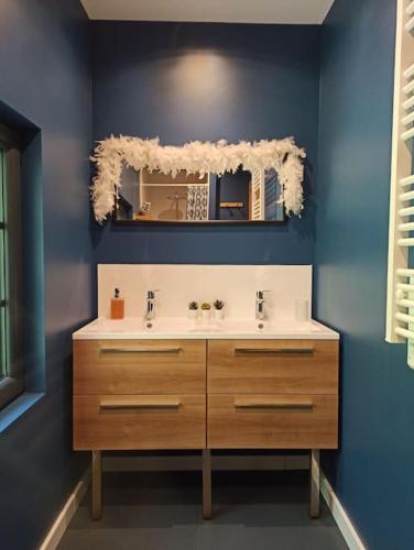 une salle de bain avec un lavabo et un miroir dans l'établissement Côté Marais Amiens, à Camon