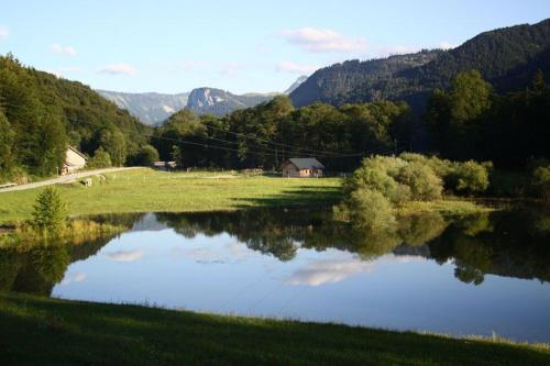 a reflection of a house in a lake in a field at Haus Hirschpoint in Faistenau