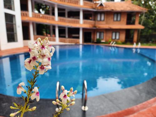 a flower in front of a swimming pool at God's Own country Kovalam By Bestinn Leisure in Vilinjam