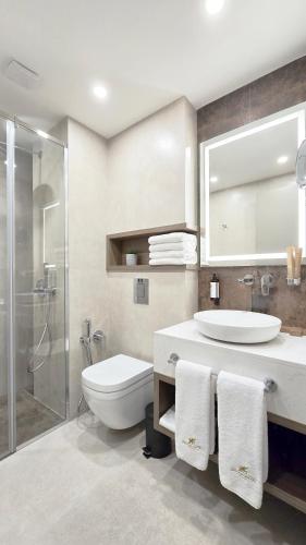 a bathroom with a sink and a toilet and a shower at Griffin Hotel in Tbilisi City