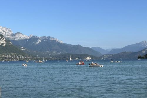 a group of boats in a large body of water with mountains at Annecy centre, Appartement en attique avec vue panoramique in Annecy