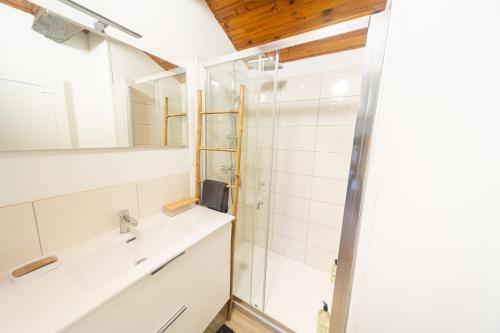 a bathroom with a sink and a shower at Escapade en Val de Saône T4 familial & jardin in Thoissey