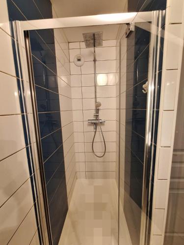 une salle de bain avec une douche avec une porte vitrée dans l'établissement Bel appartement 50m2 en plein centre de Saumur, à Saumur