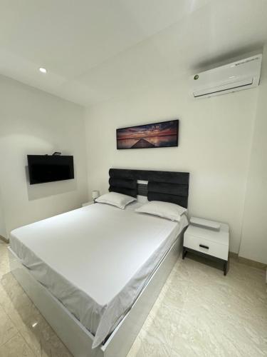 a white bedroom with a large bed and a tv at Appartement moderne et lumineux in Derklé