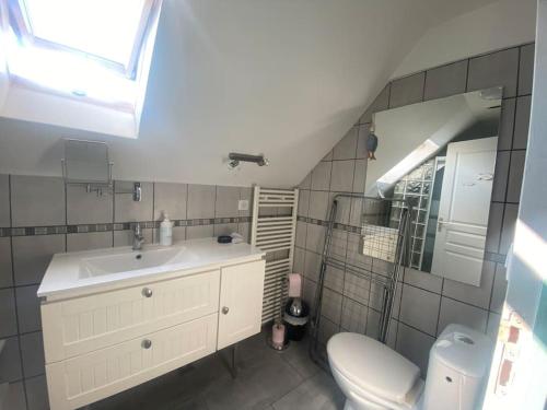 une salle de bain avec un lavabo et des toilettes dans l'établissement Les embruns - Mer - dog friendly, à Ault