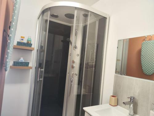 une salle de bain avec une douche avec un lavabo et un miroir dans l'établissement Tra mare e lago, à Montescot