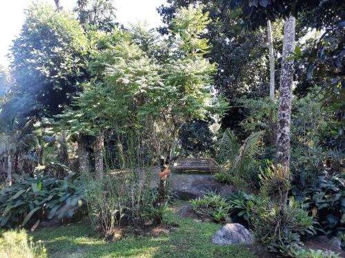a bench in a garden with trees and grass at Casa Grande Flats in Abraão