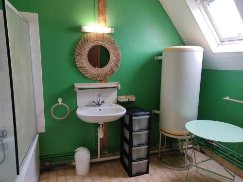 a green bathroom with a sink and a mirror at Beau château entre Loire et Bourgogne, 12 chambres 27 personnes in Saint-Doulchard