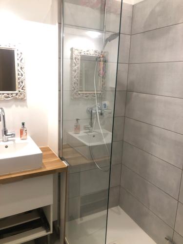 une douche avec une porte vitrée à côté d'un lavabo dans l'établissement Au calme à Marseille, à Marseille