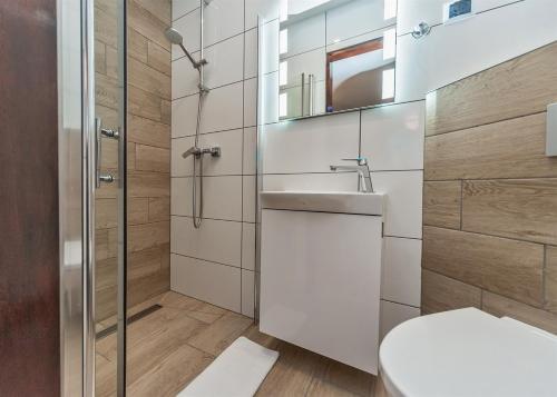 a bathroom with a toilet and a sink and a shower at Pokoje Gościnne Perła in Brenna