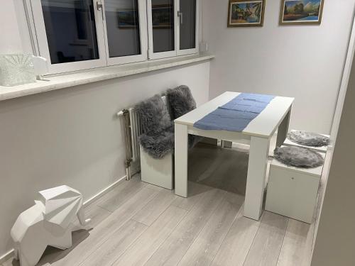 Biały stół i krzesło w pokoju w obiekcie KOSI Thermen-Vulkanland Appartement w mieście Fürstenfeld