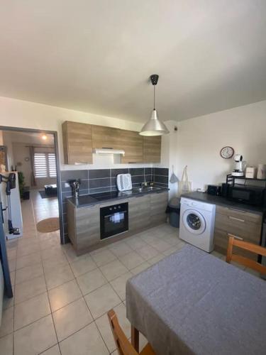une cuisine avec un évier et une machine à laver dans l'établissement Appartement morangis, à Savigny-sur-Orge