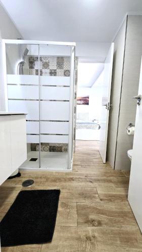 a bathroom with a walk in shower and a glass door at Ocean View Luxury Las Americas in Playa de las Americas
