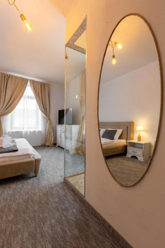 a bedroom with a large mirror and a bed at WineHouse38 - Chardonnay Room in Jidvei