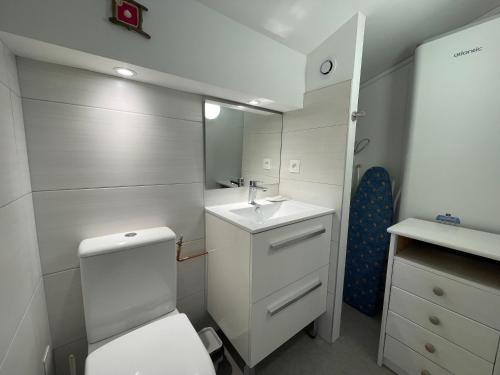 une petite salle de bain avec toilettes et lavabo dans l'établissement Havre de paix, à Les Sables Vignier