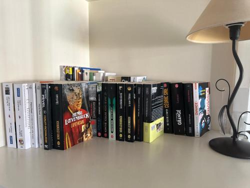 une rangée de livres assise sur une étagère dans l'établissement Antibes 40m2 1-bedroom, à Juan-les-Pins