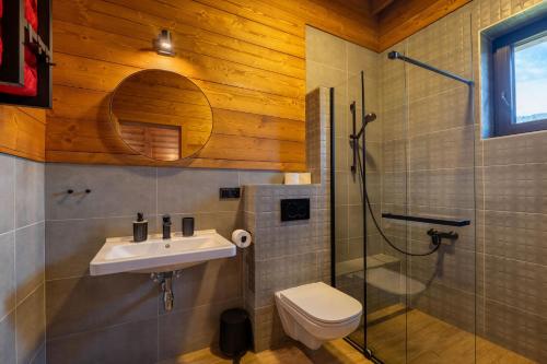 a bathroom with a sink and a shower and a toilet at Hillview Jasná Chalet in Demanovska Dolina