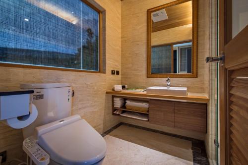 a bathroom with a toilet and a sink at Taroko Liiko Hotels in Xincheng