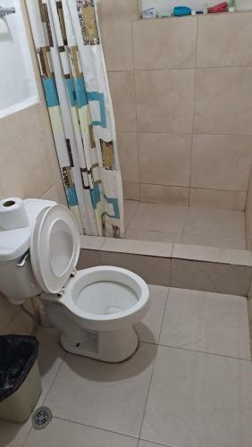 a bathroom with a toilet and a shower at Albergue Camry Backpackers佳美背包客旅馆 in Cuenca