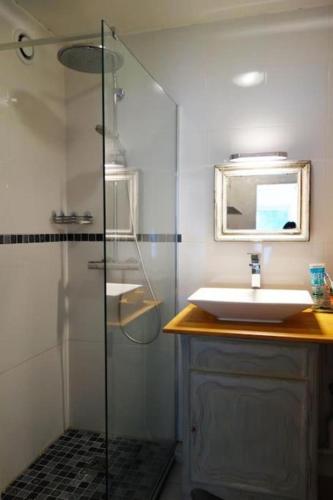 une salle de bain avec un lavabo et une douche en verre dans l'établissement Appartement T2 au calme à 3min de la plage, à Arcachon