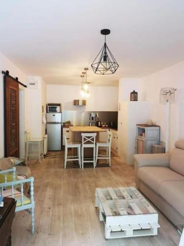 un salon avec un canapé et une table dans l'établissement Appartement T2 au calme à 3min de la plage, à Arcachon