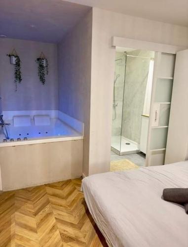 La salle de bains est pourvue d'une baignoire avec douche et d'un lit. dans l'établissement La Siesta - Jacuzzi et Cozy, à Cholet