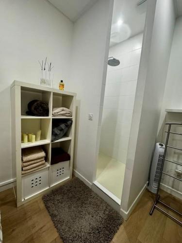 La salle de bains est pourvue d'une douche à l'italienne et d'une armoire blanche. dans l'établissement Le Vitton - Appartement proche Gare PartDieu, à Villeurbanne