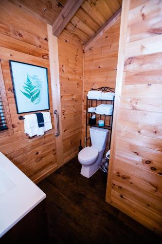 a bathroom with a toilet in a wooden cabin at Sylvan Valley Lodge and Cellars in Sautee Nacoochee