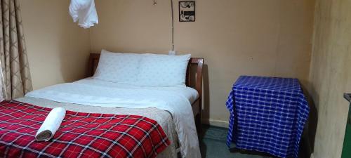 a bed in a room with a red and blue checkered blanket at KANUNKA HOUSE in Sekenani