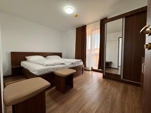 a bedroom with a bed and a large window at Casa Maria in Streiu