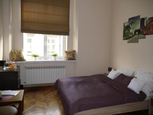 a bedroom with a bed and a window at Apartments Sobieski&Soplica in Krakow