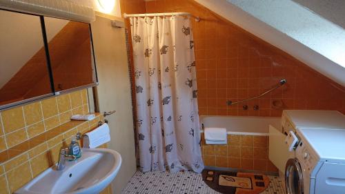 a bathroom with a sink and a shower with a shower curtain at Ferienwohnung in Ländliche Gegend die zum Verweilen einlädt in Wachenroth