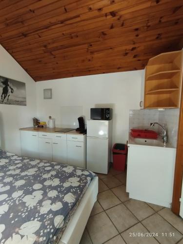 - une petite cuisine avec un lit dans une chambre dans l'établissement Studio pas loin de Disney 15 min en voiture, à Chanteloup-en-Brie