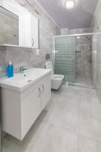 a bathroom with a sink and a shower and a toilet at Lavender Villas in Dalaman