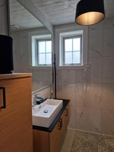 a bathroom with a white sink and two windows at Timmerstugan in Gällivare