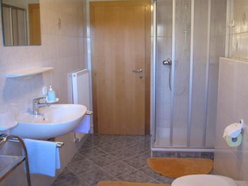 a bathroom with a shower and a sink and a toilet at Haus Bilgeri in Nesselwängle