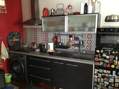 une cuisine avec un évier et un micro-ondes dans l'établissement Joli deux pièces bien decores, à Malakoff