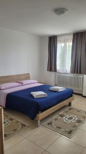 a bedroom with a bed with blue sheets and a window at Corte Azzurra Iris in Piove di Sacco