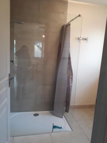 une douche avec une porte vitrée dans une salle de bain dans l'établissement MF 9 et MF 10, à Cazaubon