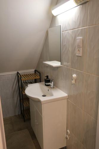 a bathroom with a white sink and a mirror at Szalakóta Apartman in Hortobágy