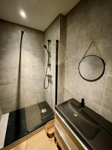 une salle de bain avec une douche, un lavabo et un miroir dans l'établissement Le Grand Loft, à Saint-Étienne