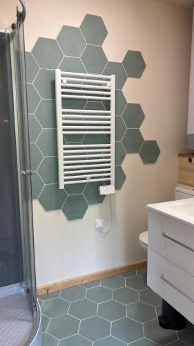 a bathroom with a shower and a toilet with a geometric wall at T2 cocon avec balcon et parking in La Roche-sur-Foron
