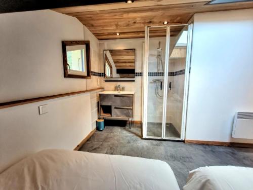 - une chambre avec une salle de bains pourvue d'une douche et un lit dans l'établissement Appartement lumineux 2 suites, proche pistes et au calme - Les Gets - FR-1-598-173, aux Gets