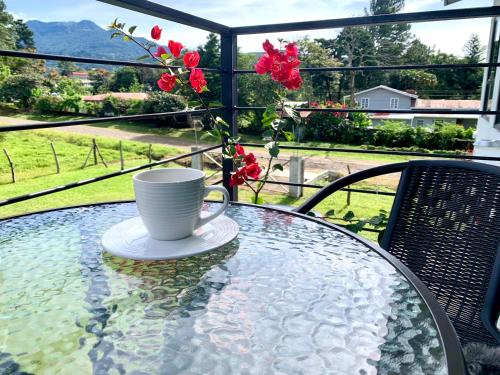a coffee cup sitting on a glass table on a balcony at Acogedor apartamento con hermosa vista al volcán - The Goat Spot - planta alta in Alto Boquete