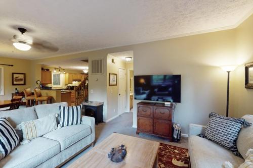a living room with a couch and a flat screen tv at Boulder Ridge Hideaway in Boone