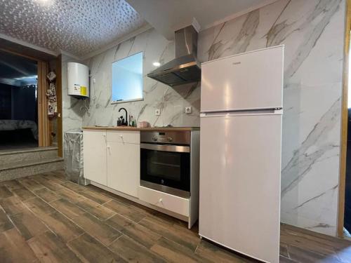 a kitchen with a white refrigerator and marble walls at Retiro das Águas - Gerês in Terras de Bouro