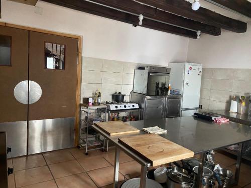 a kitchen with stainless steel appliances and a counter top at Angrill in Lladurs