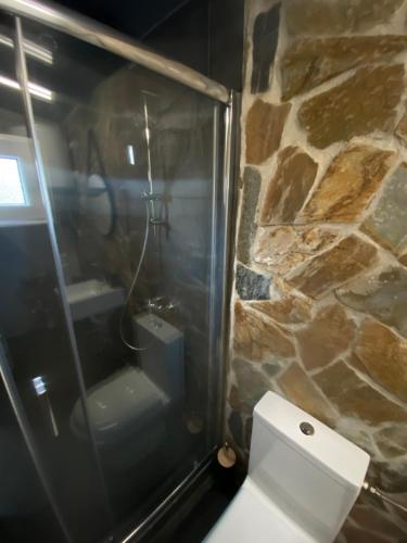 a bathroom with a toilet and a stone wall at Spitaki in Ioannina