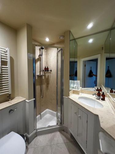 a bathroom with a shower and a sink at The Windsor Town House in Bath
