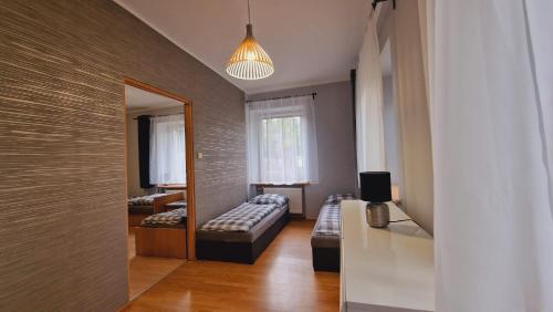 a living room with a couch and a mirror at Tanie Noclegi Puszkina 1 in Wałbrzych